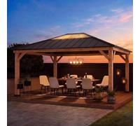 SUNJOY Tonnelle en bois massif de 3,9 x 4,5 m avec lucarne translucide, toit en acier rigide, poteaux plus épais de 14 cm, abri de jardin extérieur, résistant à la pluie et au vent, pavillon robuste