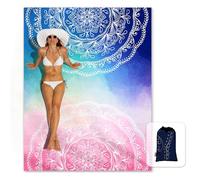 Sunlit Couverture de Plage Douce et Soyeuse, Tapis Anti-Sable avec Poches d’Angle, Sac en Maille, pour fête de Plage, Voyages, Camping et Festival de Musique - Mandala Bleu et Rose, 213 x 185 cm