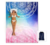 Sunlit Couverture de Plage Douce et Soyeuse, Tapis Anti-Sable avec Poches d’Angle, Sac en Maille, pour fête de Plage, Voyages, Camping et Festival de Musique - Mandala, Bleu et Rose, 270 x 205 cm