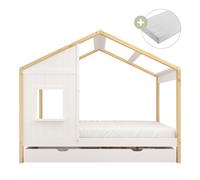 Sunny Beau Lit Cabane Avec Tiroir De Rangement, En Bois, Marron/Blanc | Pour Enfants - Matelas Hybride 90X200 Inclus - Montessori | Dimensions Totales: 208 X 97 X 171 Cm