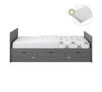 Sunny Eli Lit Gigogne Avec 3 Tiroirs De Rangement, En Bois, Gris | Lit 2 Places Pour Chambre Enfant - Matelas Hybride 90 X 200 Inclus | Dimensions Totales: 206 X 97 X 75 Cm