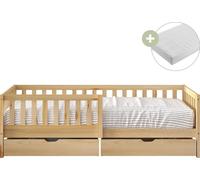 Sunny Isa Lit 1 Place Avec 2 Tiroirs, En Bois, Beige | Barrière De Sécurité - Matelas Hybride Inclus 90 X 200 - 2 Tiroirs De Rangement | Dimensions Totales: 206 X 98 X 65 Cm