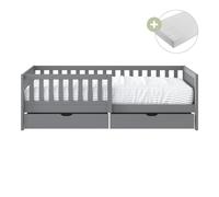 Sunny Isa Lit 1 Place Avec 2 Tiroirs, En Bois, Gris | Barrière De Sécurité - Matelas Hybride Inclus 90 X 200 - 2 Tiroirs De Rangement | Dimensions Totales: 206 X 98 X 65 Cm