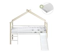 Sunny River Lit Cabane Avec Toboggan, En Bois, Beige/Blanc | Lit Pour Enfant Mi-Haut - Matelas Hybride 90X200 Inclus - Lit Montessori | Dimensions Totales: 213 X 186 X 183 Cm (Toboggan Compris)