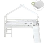 Sunny River Lit Cabane Avec Toboggan, En Bois, Blanc | Lit Pour Enfant Mi-Haut - Matelas Hybride 90X200 Inclus - Lit Montessori | Dimensions Totales: 213 X 186 X 183 Cm (Toboggan Compris)