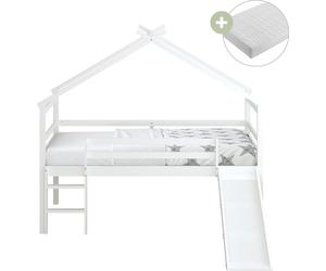 Sunny River Lit Cabane Avec Toboggan, En Bois, Blanc | Lit Mi-Haut - Matelas Hybride 90X200 Inclus - Lit Montessori | Dimensions Totales: 213 X 186 X