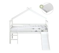 Sunny River Lit Cabane Avec Toboggan, En Bois, Blanc | Lit Pour Enfant Mi-Haut - Matelas Hybride 90X200 Inclus - Lit Montessori | Dimensions Totales: 213 X 186 X 183 Cm (Toboggan Compris)