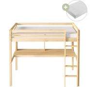 Sunny Sil Lit Mezzanine Avec Bureau, En Bois, Beige | Avec Echelle - Matelas Hybride 90 X 200 Inclus | Dimensions Totales: 208 X 100 X 172 Cm