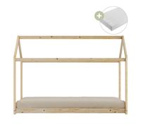 Sunny Zoey Lit Cabane En Bois, Beige | Au Sol, Pour Enfant - Matelas Hybride 90 X 200 Inclus - Montessori | Dimensions Totales: 206 X 98 X 154 Cm