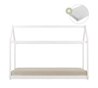 Sunny Zoey Lit Cabane En Bois, Blanc | Au Sol, Pour Enfant - Matelas Hybride 90 X 200 Inclus - Montessori | Dimensions Totales: 206 X 98 X 154 Cm