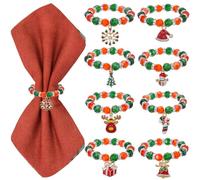 SUNNYCLUE 8 Ensemble de Ronds de Serviette de Noël Anneaux de Porte Serviettes Ensemble de Ronds de Serviette de Noël Perles de Verre Rouges et Vertes Breloques de Cloche de Bonhomme de Neige Rond de