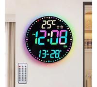 SUNOYA Horloge murale numérique, 30,5 cm, avec veilleuse, alarme, télécommande, 12 couleurs RVB, horloge LED, luminosité automatique, affichage de la température, horloge numérique pour chambre à