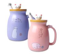 SUNOYA Lot de 2 Tasse En Céramique de Chat, Adorable Tasse a Café en Céramique, Chat Tasse, 380 ml, avec Couvercle Et Cuillère, Cadeau pour Collègue, Ami, Famille, Anniversaire