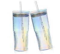 SUNOYA Lot De 2 Tasses À Café En Verre Avec Couvercles Et Pailles, 600 Ml Tasses En Verre Avec Couvercles, Verre Avec Couvercle Et Paille, Pour Café, Thé, Smoothie, Passe Au Lave-Vaisselle