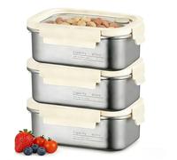 SUNOYA Lot de 3 boîtes de conservation hermétiques, en acier inoxydable, avec couvercle, 800 ml, anti-fuite, avec fenêtre de visualisation et fermeture sous vide