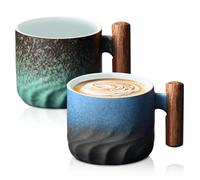 SUNOYA Tasse à Café De Porcelaine, 2 Pièces Tasses à Expresso, Tasse Expresso Avec Poignée En Bois, Tasses à Café En Céramique, Tasse Cappuccino, Vintage Tasse à Café Pour Le Café, Le Lait, Le Thé