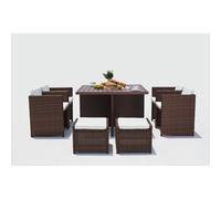 Salon de Jardin Encastrable SUNSET Résine Tressée 8 Pers Marron/Blanc | Table aluminium + 4 fauteuils + 4 poufs, coussins déhoussables zippés