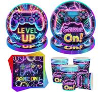 Sunshine smile Lot de 50 accessoires de fête d'anniversaire pour jeux vidéo, avec assiettes, gobelets, serviettes, vaisselle pour 10 invités