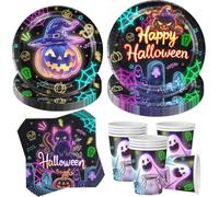 Sunshine smile Lot de 50 assiettes de fête d'Halloween en papier fluo - Accessoires de fête d'anniversaire - Avec assiettes en carton citrouille - Gobelets fantôme - Vaisselle de fête pour 10 invités
