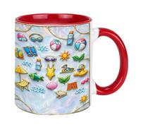 Sunshine & Waves Tasse en céramique 325 ml - Jolie tasse à café sur le thème de l'océan, cadeau de rentrée scolaire pour enfants, souvenir de vacances à la plage (rouge)
