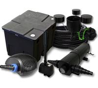 SunSun Kit complet: CBF-350 Filtre de bassin jusqu'à 12000 L, CTF-6000 pompe de filtration 6000l/h 40W, CUV-218 lampe uv 18W, 25m Tuyau 25 mm, CSP-250 Écumeur 2500l/h 45W, HJ-943 fontaine 800l/h 16W