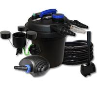 SunSun Kit complet: CPF-180 Filtre de bassin à pression jusqu’à 6000 L 11 Watt lampe uv, CTF-6000 pompe 6000l/h 40W, 25m Tuyau 25 mm, CSP-250 Écumeur 2500l/h 45W, HJ-943 fontaine 800l/h 16W