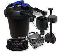 SunSun Kit complet: CPF-180 Filtre de bassin à pression jusqu’à 6000 L 11 Watt lampe uv, CTF-8000 pompe 8000l/h 70W, 25m Tuyau 25 mm, CSP-250 Écumeur 2500l/h 45W, HJ-943 fontaine 800l/h 16W