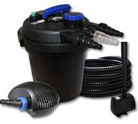 SunSun Kit complet: CPF-180 Filtre de bassin à pression jusqu’à 6000L avec 11 W Lampe uv, CTF-3800 SuperECO pompe de filtration 3600l/h 20W, 25m Tuyau 25 mm (1"), HJ-943 ECO fontaine 800l/h 16W