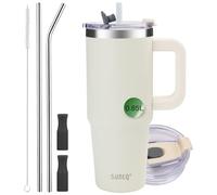 SUNTQ 30oz Mug Isotherme avec Paille et Poigné - Gobelet Paille de Bureau et Voiture en Acier inoxydable, Élégant et Durable - Gobelet Isotherme pour les boissons chaudes et froides(Ivoire)