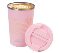 SUNTQ Tasses à café de voyage réutilisables avec couvercle étanche - Tasse isotherme - Tasse de voyage en acier inoxydable avec poignée en caoutchouc - pour boissons chaudes et froides, 380 ml, rose