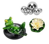 Super Idee Mini Bassin décoratif Grenouille Flottante avec 6 Boules argentées et 2 Fleurs de Lotus pour Mini étang de terrasse Fontaine Solaire pour Jardin (Grenouille sur pneus)