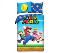 Super Mario Parure de Lit Enfant - Housse de Couette Réversible 140x200 cm - 100% Polyester Ultra Doux - Certifié Oeko-Tex Standard 100 - Motif Mario Luigi Peach & Toad - Officiel Nintendo