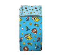 Super Mario, Parure de lit 1 Place, taie d'oreiller, Drap Plat, 100% Coton, Bleu Clair