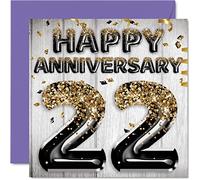 Superbe carte de 22e anniversaire pour mari, petit ami, épouse, petite amie - Ballons noirs et dorés à paillettes - Cartes de vœux d'anniversaire de la famille pour 22e anniversaire de mariage -
