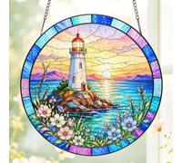 SUPERDANT Capteur De Soleil en Vitrail De Phare, Décoration Verre Coloré Motif Océan Et Fleurs avec Chaîne Métallique, pour Suspendre Porte D'Entrée Décoration Salon Cadeau Maman Grand-Mère 20x20cm