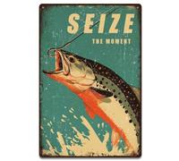 SUPERDANT Plaque Metal Vintage Pêche Vintage avec Poisson et Appât "Saisir Le Moment" Affiche Vintage Amusante Pour Cave D'homme Salon Bar Cadeau Panneau Decoratif Exterieur Metal