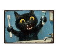 SUPERDANT Plaque Metal Vintage Pour Salle De Bain "Chat Qui Se Brosse Les Dents" Plaque Murale Decorative Avec Chat Noir Déco Drôle Pour Toilettes Idée Cadeau Affiche Vintage Decoratif Exterieur Metal