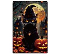 SUPERDANT Plaque Métallique Rétro en Forme de Chat Noir Décoration Murale Décorative pour Halloween Cadeau de Pendaison de Crémaillère