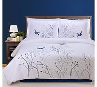 Superior - Ensemble édredon 229 x 234 cm, Hirondelles brodé, Doux, Couche Simple, 100% Coton, Bleu,3 pièces
