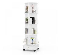 SUPFINE Bibliothèque Rotative à 4 Niveaux,pour Livres Jouets,Tour en Bois, Étagère Livre à Roulettes avec Tiroir 40×40×149cm