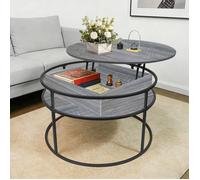 SUPFINE Table Basse Ronde en Bois, Table Basse Relevable, pour Salon Bureau, Réglable en Hauteur, 60×60×47cm, Gris Foncé