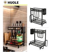 Support à assaisonnements de cuisine - Organisateur de cuisine à deux niveaux, étagère de cuisine, rack de rangement - noir.