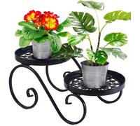 Support à plantes à deux niveaux, noir, avec un support métallique rond pouvant accueillir plusieurs plantes