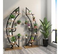 Support à plantes Metalmetaal à 5 étages, avec dispositif anti-basculement, 7 niveaux et 1 crochet - Lot de 2, idéal pour la terrasse, le jardin et le balcon, couleur noire