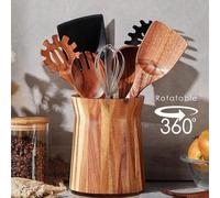 Support à ustensiles en bois d'acacia pour le comptoir de cuisine, cruchon rotatif à 360° en bois pour ustensiles de cuisine, organisateur d'ustensiles de grande taille (7,2 po/5,9 po) pour spatule, d