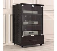 Support audio avec porte en verre, console multimédia en bois massif avec tiroirs de rangement, support roulant pour platine TV et équipement audiovisuel, parfait pour le salon, la chambre à coucher