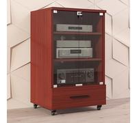 Support audio avec porte en verre, console multimédia en bois massif avec tiroirs de rangement, support roulant pour platine TV et équipement audiovisuel, parfait pour le salon, la chambre à coucher
