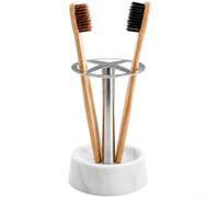 Support de brosse à dents en acier inoxydable avec base en marbre 8 x 8 cm | Fond en marbre naturel, décoration élégante, cadre en acier robuste, s'adapte aux brosses électriques, style moderne