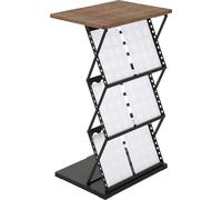 Support de comptoir pliable pour prospectus, format A4, noir, design perforé. Comptoir mobile en métal avec plateau en bois et compartiments de rangement pour catalogues, flyers et brochures