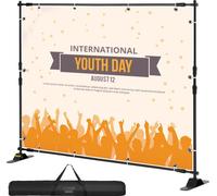 Support de fond, hauteur réglable 3-8 ft, largeur 48-8 ft, taille maximale du visuel 8 x 8 ft, poids 128 lbs, capacité de charge 44 lbs